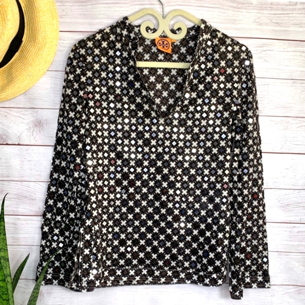 Tory Burch Embellished Mirror Sequin Tunic Top XS Summer Vacation Resort